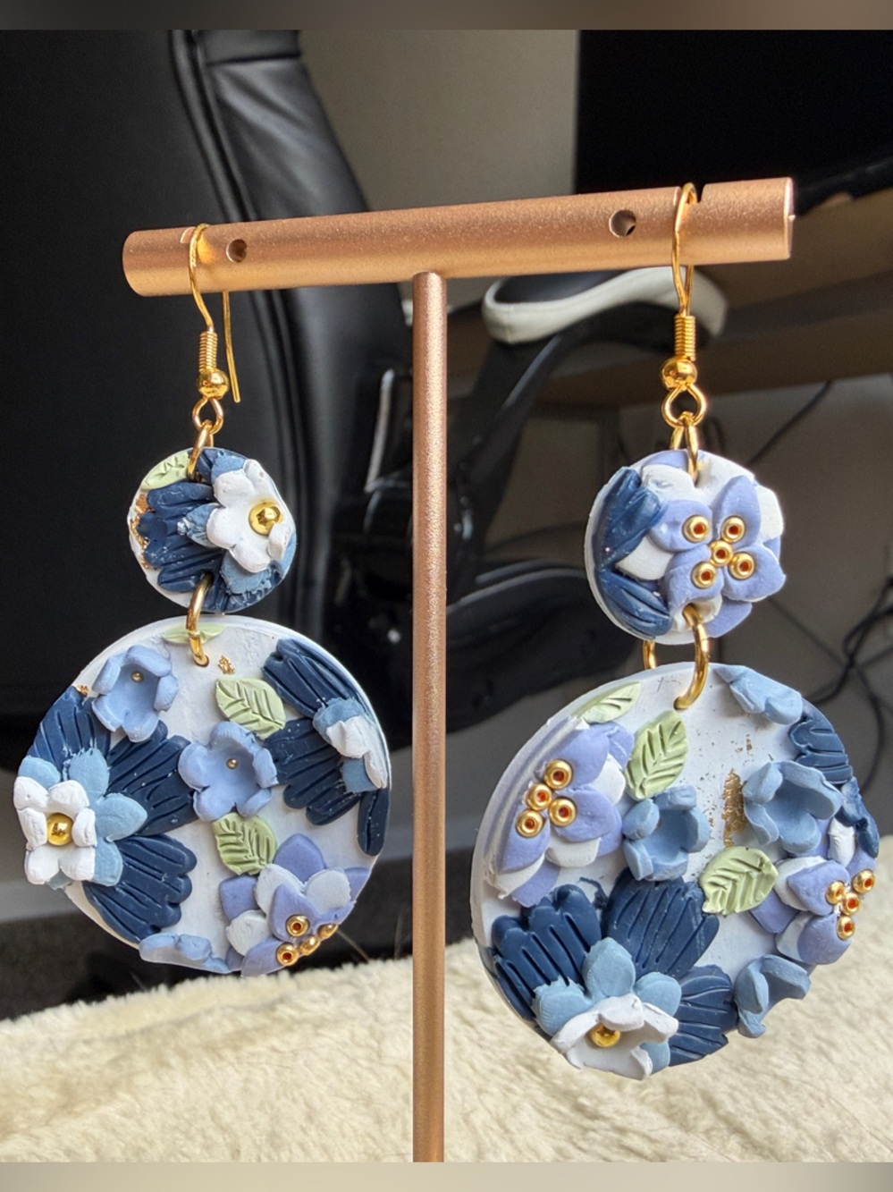 Blue Floral Polymer Clay Drop Earrings with Gold Accents